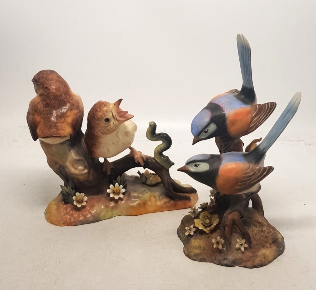 Royal Crown Derby figural group bird studies - Thrush Chicks and Fairy Wrens (2). (1 of 1)