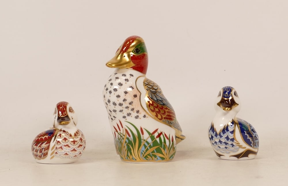 Royal Crown Derby Paperweights Green Winged Teal (boxed), Brown Ducking and Blue Seated Duckling,: Royal Crown Derby Paperweights Green Winged Teal (boxed), Brown Ducking and Blue Seated Duckling, gold stopper (3)