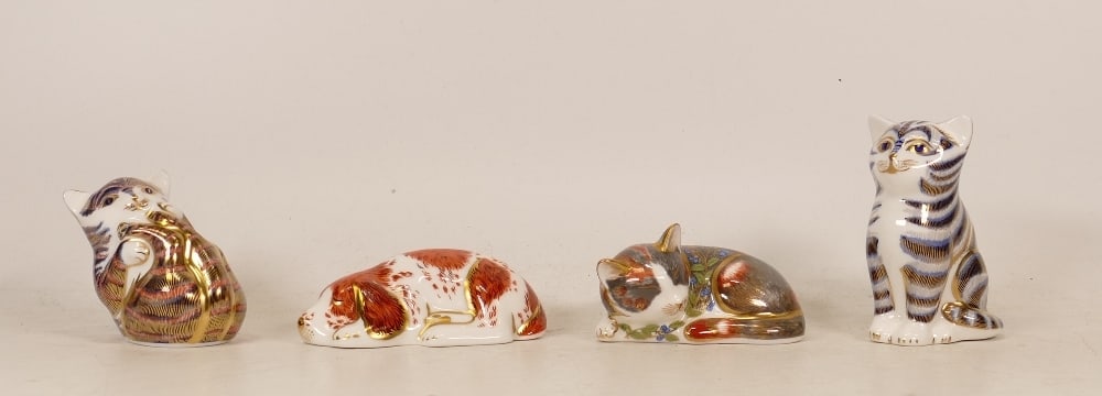Royal Crown Derby Paperweights Playful Cat, Catnip Kitten, Puppy and Seated Kitten, boxed, gold: Royal Crown Derby Paperweights Playful Cat, Catnip Kitten, Puppy and Seated Kitten, boxed, gold stopper ()