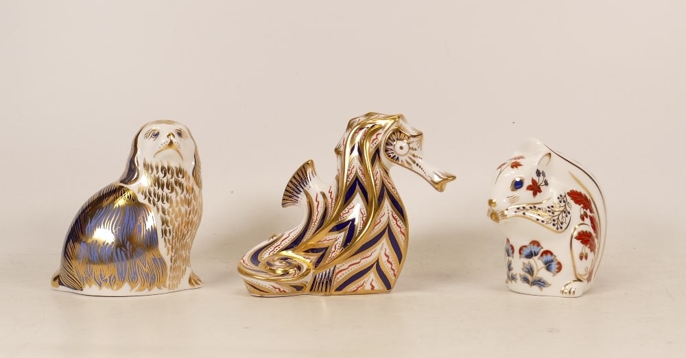 Royal Crown Derby Paperweights King Charles Spaniel, Seahorse and Squirrel, gold stopper (3): Royal Crown Derby Paperweights King Charles Spaniel, Seahorse and Squirrel, gold stopper (3)