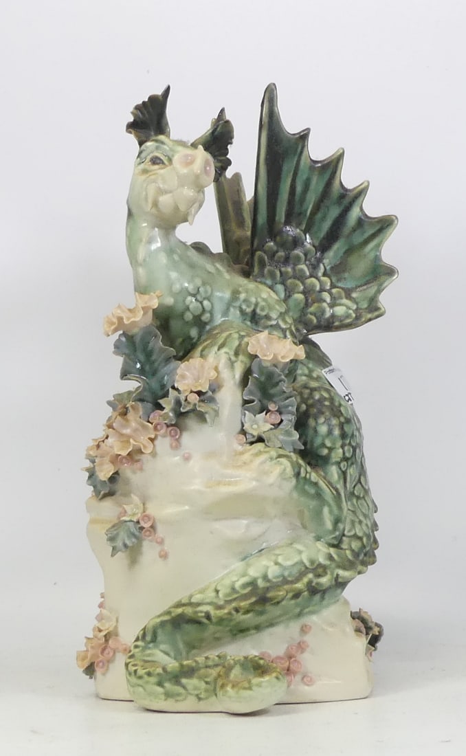 Chessel Studio Pottery, Large Model of a Dragon with modelled flowers atop a rock. Height: 34cm (1 of 1)