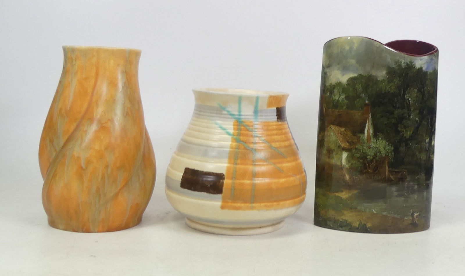 Three Beswick Vases including Silhouette D'art John Constable Vase Height:20cm also Two Art Deco: Three Beswick Vases including Silhouette D'art John Constable Vase Height:20cm also Two Art Deco Vases(3)