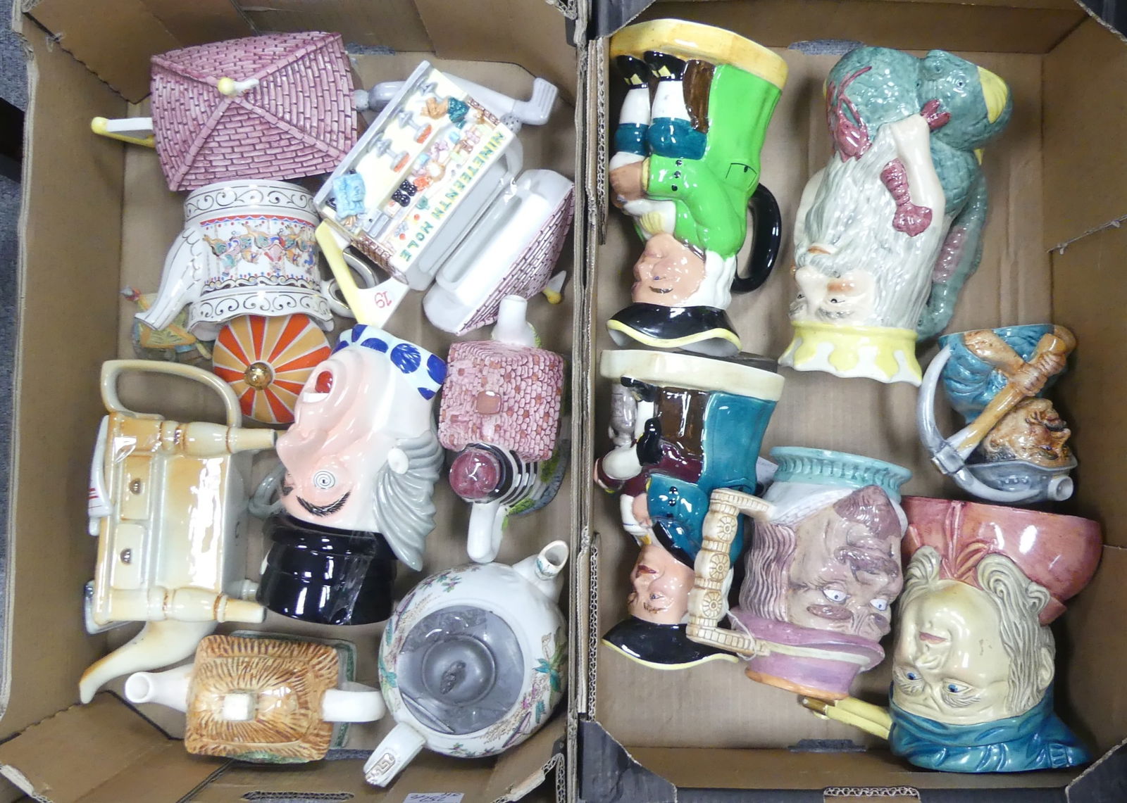 Six Character and Toby Jugs including Shorter & Sons and Burlington together with Eight Teapots: Six Character and Toby Jugs including Shorter & Sons and Burlington together with Eight Teapots including novelty examples (2 Trays)