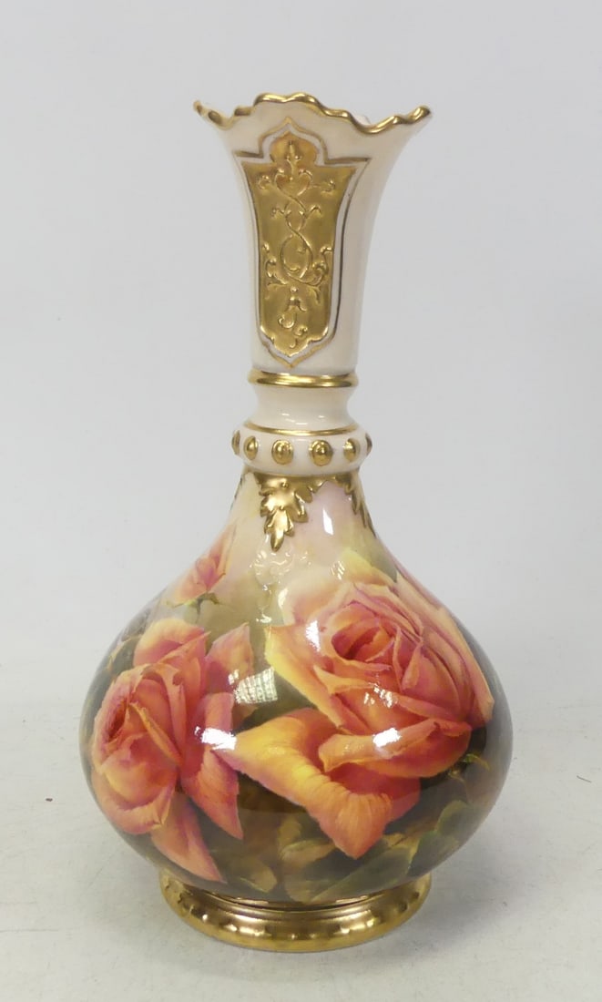 F. Wright for Paragon, handpainted porcelain bottle vase. Painted woth roses. Height: 20cm: F. Wright for Paragon, handpainted porcelain bottle vase. Painted woth roses. Height: 20cm