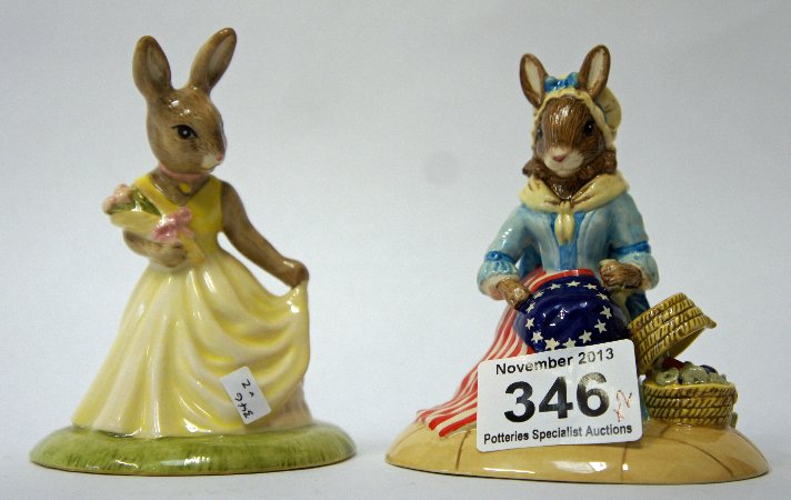 Royal Doulton Bunnykins figures Betsy Ross DB313 and: Royal Doulton Bunnykins figures Betsy Ross DB313 and With Love DB269 , limited edition, boxed with certificates (2)