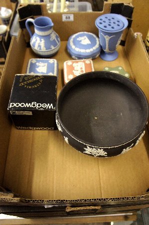 A collection of Wedgwood jasperware to include Black bo: A collection of Wedgwood jasperware to include Black bowl, blue vases, trinkets etc
