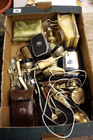 A collection of various items a old camera boxed, brass: A collection of various items a old camera boxed, brass miniature miners lamp, soap stone items, Stanley brass compass etc