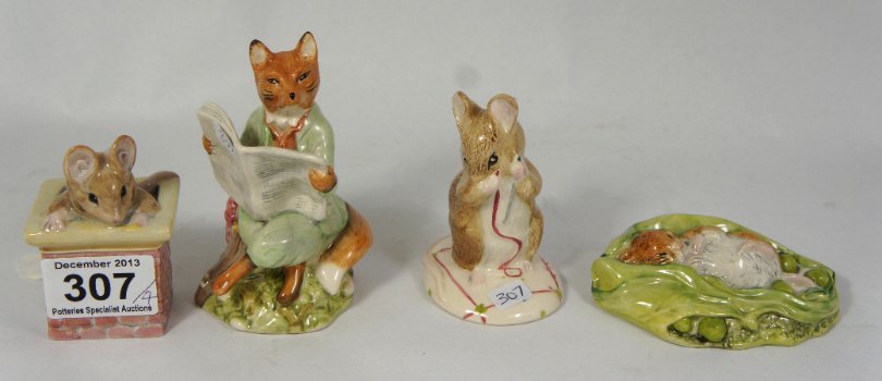 Royal Albert Beatrix Potter figures, Foxy Reading, No m: Royal Albert Beatrix Potter figures, Foxy Reading, No more twist, Tom Thumb, Timmy Willy sleeping BP6A (4)