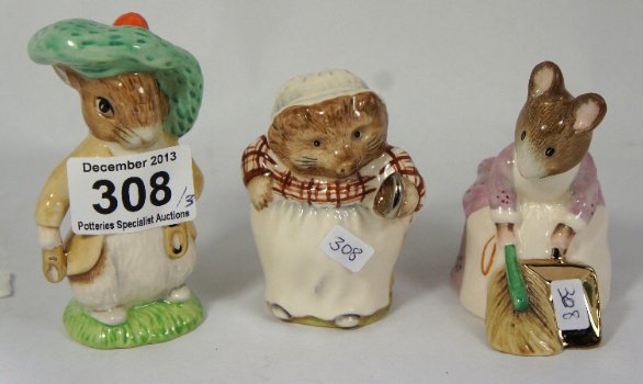 Beswick ware Beatrix Potter figures, Benjamin Bunny, Hu: Beswick ware Beatrix Potter figures, Benjamin Bunny, Hunca Munca Sweeping and Mrs Tiggywinkle (3) all with gold backstamps