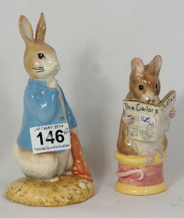 Large sized Pair of Beswqick Ware Beatrix potter Figure: Large sized Pair of Beswqick Ware Beatrix potter Figure Peter and the red pocket hankerchief and the Tailor of Gloucester (2)