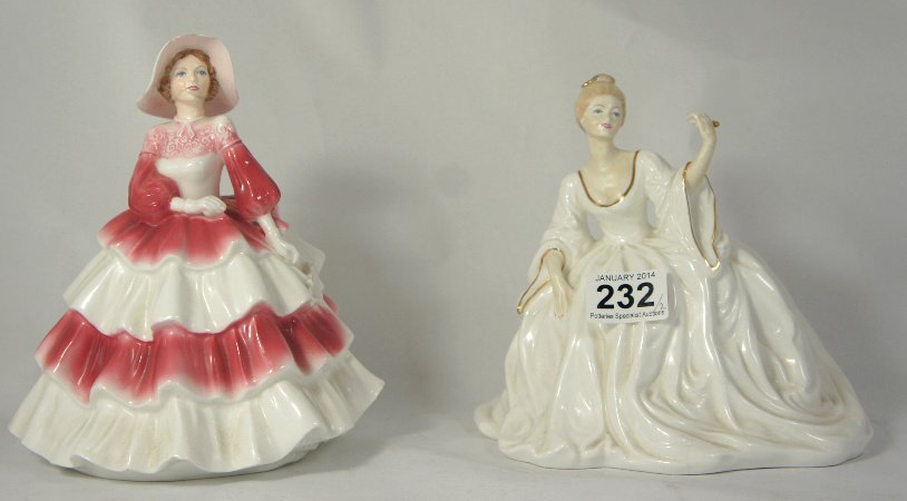 Coalport Figures The Ball (small crack to dress) and: Coalport Figures The Ball (small crack to dress) and Lady in Pink Dress (chip to bonnet) (2)