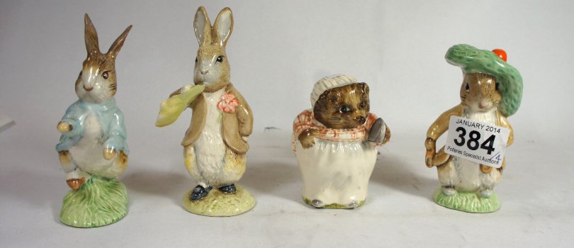 Royal Albert Beatrix Potter figures Mrs Tiggywinkle,: Royal Albert Beatrix Potter figures Mrs Tiggywinkle, Benjamin Bunny, Peter Rabbit and Benjamin ate a lettuce leaf, all BP6A (4)