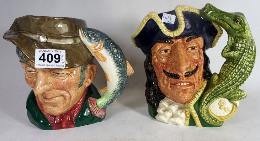 Royal Doulton large sized character jugs The Poacher: Royal Doulton large sized character jugs The Poacher D6429, Captain Hook D6591 (2)