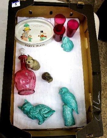 A collection of pottery and glass to include Shelly: A collection of pottery and glass to include Shelly Mable lucy atwell tray (damaged), glass decanter and glasses, 3 pottery figures