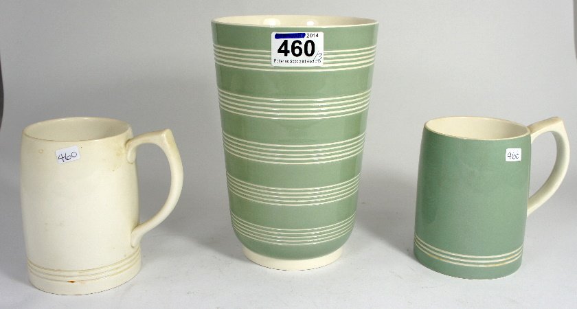 Wedgwood celandine green and white vase designed by: Wedgwood celandine green and white vase designed by Keith Murray 20cm in height & 2 similar tankards (3)