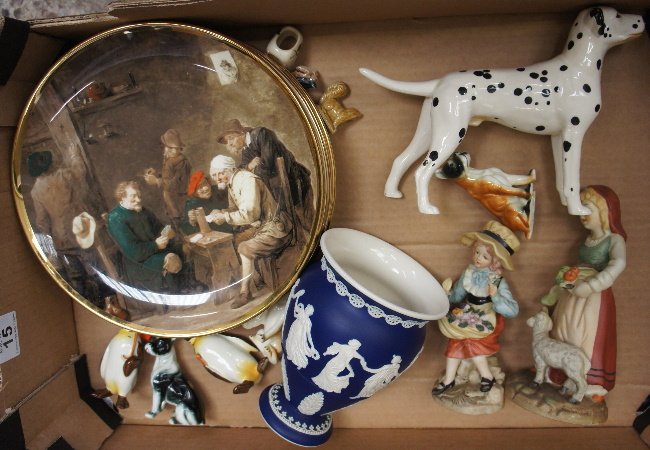 A collection of pottery to include Dudson jasper vase,: A collection of pottery to include Dudson jasper vase, Beswick comical Penguin family,Collectors plates , figures etc
