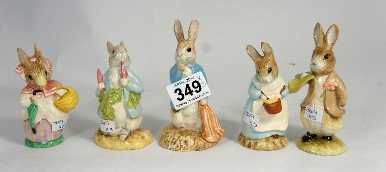 Royal Albert Beatrix Potter Figures Peter and the red: Royal Albert Beatrix Potter Figures Peter and the red pocket hankerchief, Peter ate a raddish, Mrs Rabbit, Mrs Rabbit cooking, Peter ate a lettuce leaf boxed (5)