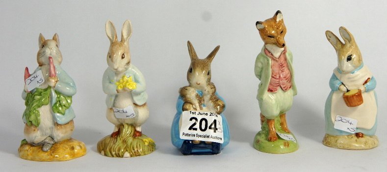Royal Albert Beatrix Potter Figures Peter with: Royal Albert Beatrix Potter Figures Peter with Daffodils, Foxy whiskered gentleman, Mrs Rabbit & Bunnies, Peter ate a radish, Mrs rabbit cooking (5)