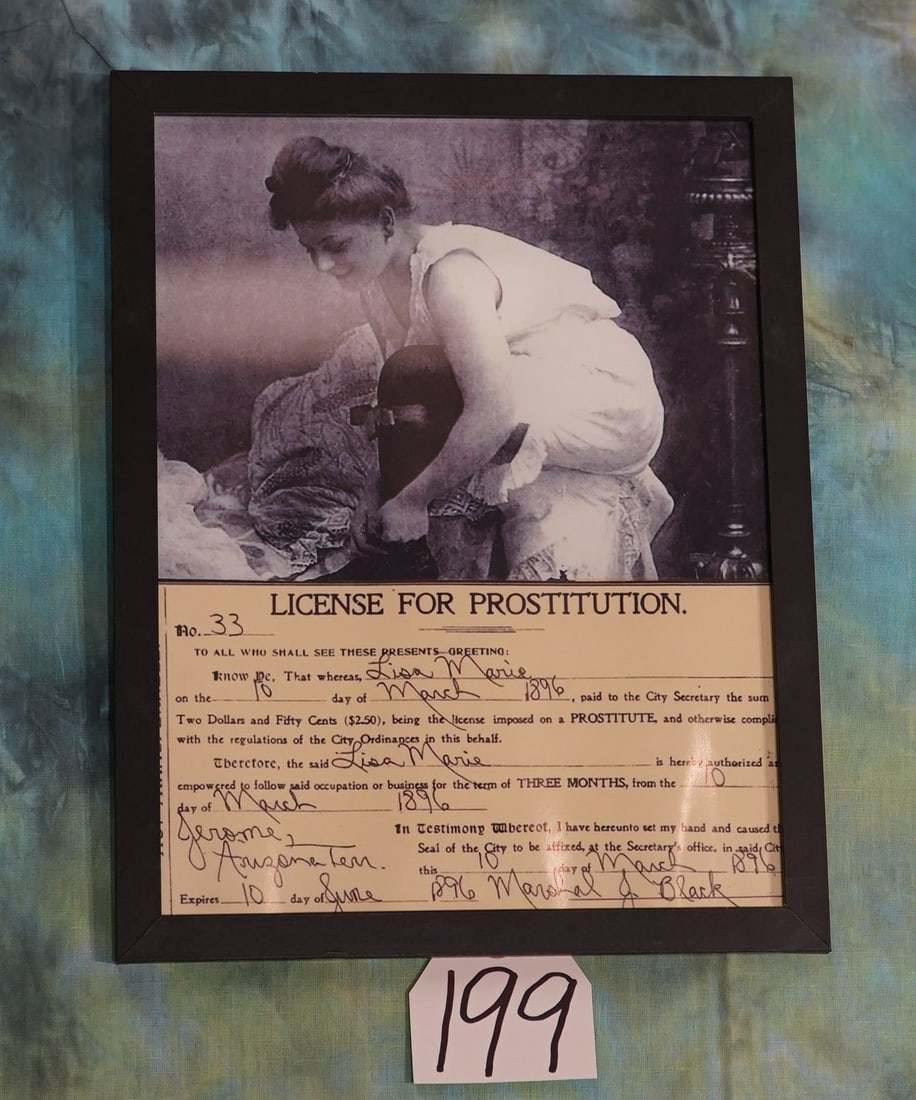 Framed Copy of Historic Old West Prostitution License (1 of 2)