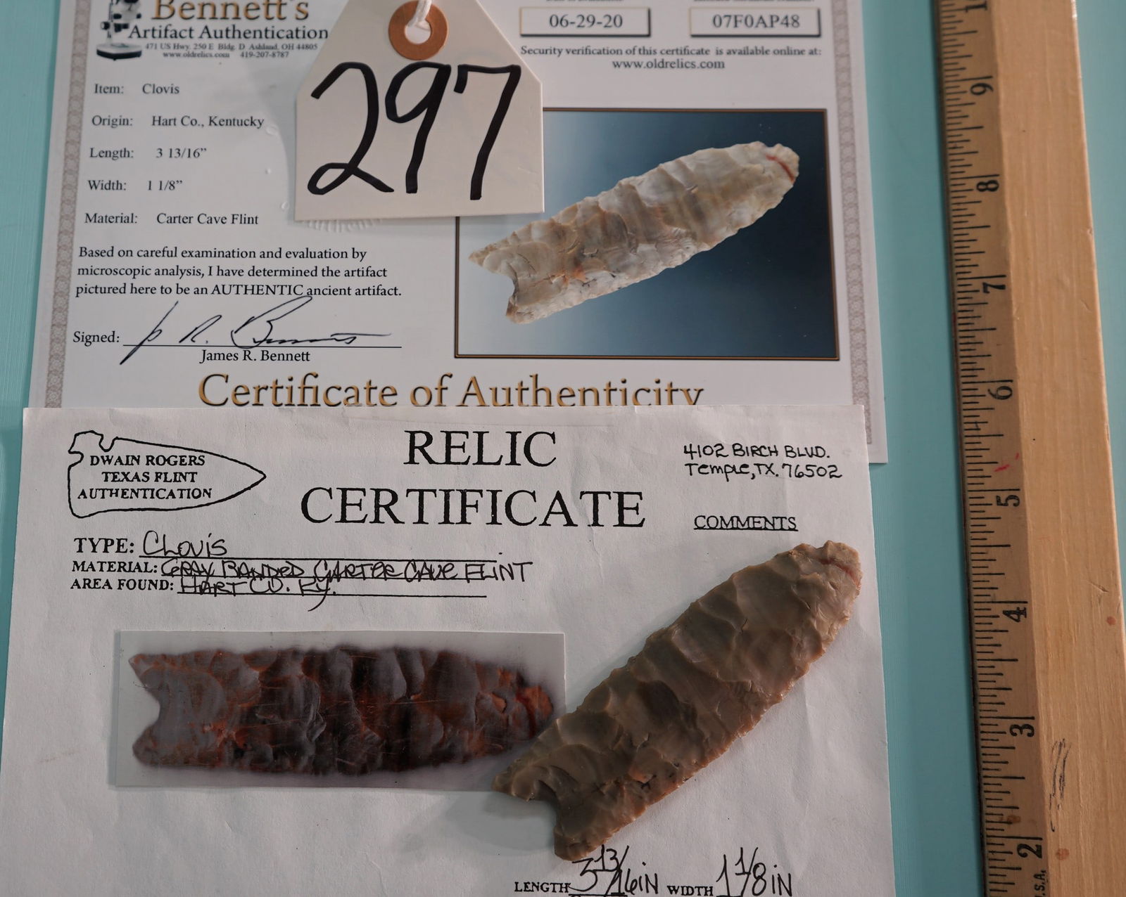 Authentic 3 7/8" Double Fluted KY. Clovis Point Arrowhead Artifact w/ Two COA's. (1 of 4)