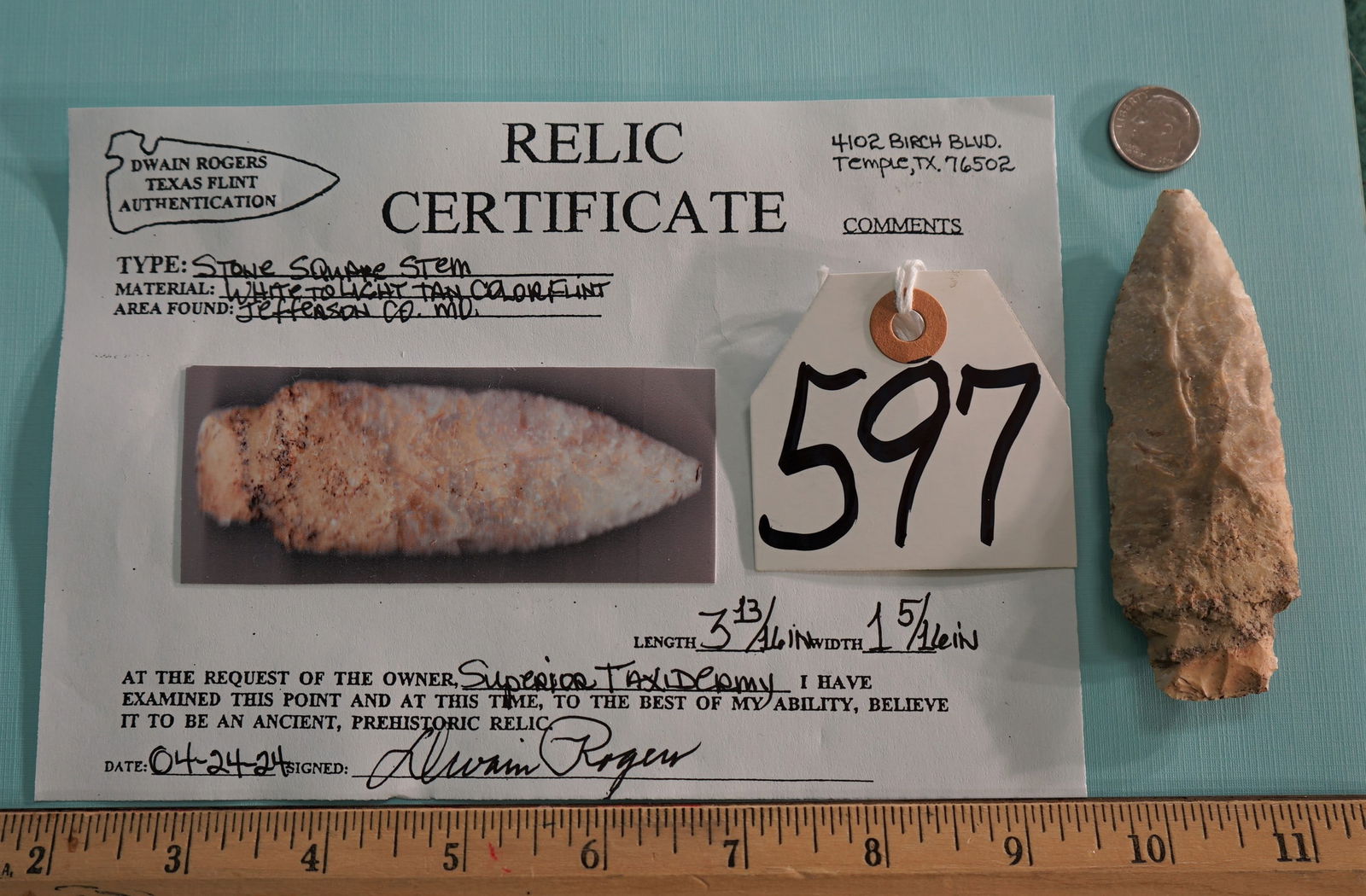 Stone Square Stem-Mid Archaic Spear Point Authentic Arrowhead w/COA (1 of 2)