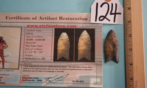 Authentic Paleo Clovis Indian Arrowhead: This rare Paleo Period Artifact was recovered from Yalobusha County, Mississippi. It was found with 3/16" of the tip missing. We used one of the very best Restoration Artist in the Country to restore