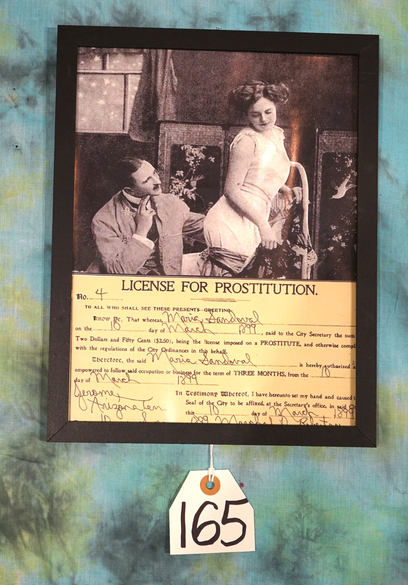 Historic Framed Copy Print of a 1899 Prostitution License (1 of 1)