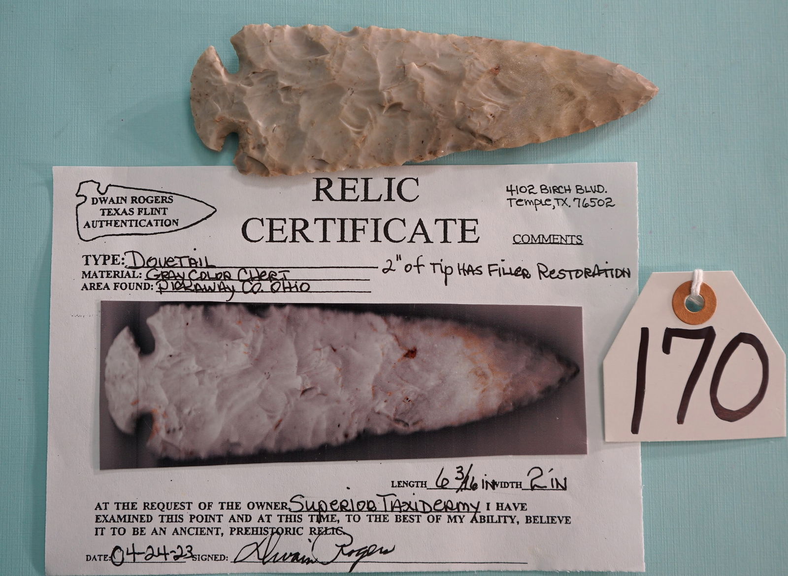 Huge 6"+ Dovetail Spearpoint Authentic Artifact Arrowhead w/Rogers COA (1 of 2)