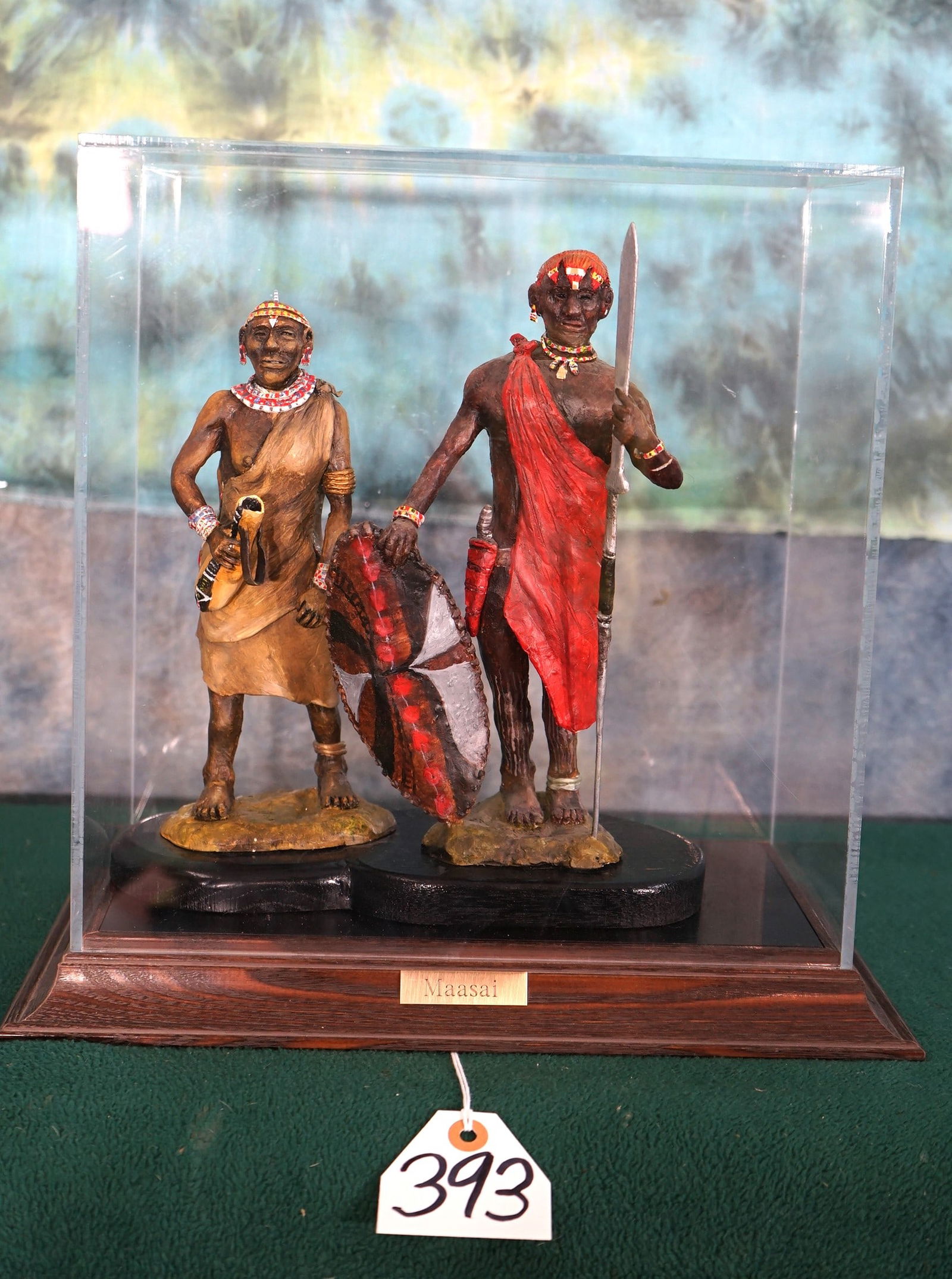 Masai Man & Wife Statues on Stand in Plexi Glass Display Case (1 of 3)