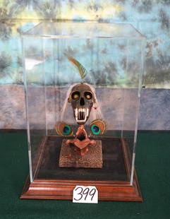 African Voodoo Decorated Monkey Skull in Display Case: This skull has some kind of glow in the dark, glass or marble type of eye, that gives this creation a scary or spooky look to it. It is on a pointed animal vertebrae with hair and peacock feathers dec