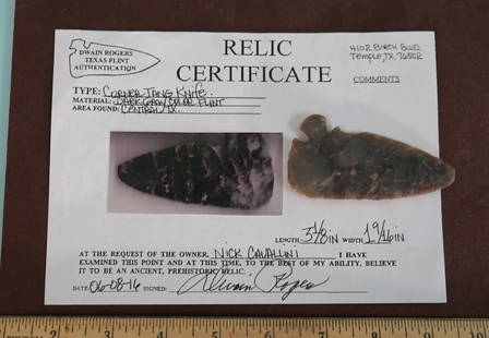 Authentic Corner Tang Knife w/Rogers COA Indian Artifact Arrowhead: This Corner Tang has beautiful root beer colored Edwards Flint. It measures 3 2/16" x 1 9/16", and is partially translucent. It was recovered from the Central Texas, Hill Country.