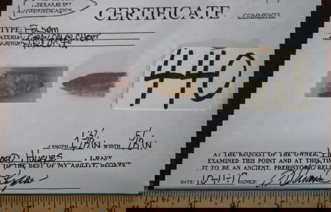 Very, very Rare Authentic Folsom Point with Rogers COA Indian Artifact Arrowhead: This Folsom Point was recovered in Hill Country, Texas. These Points often sell for two to four thousand dollars, but those are usually a little larger and made for some type of rare, or high quality