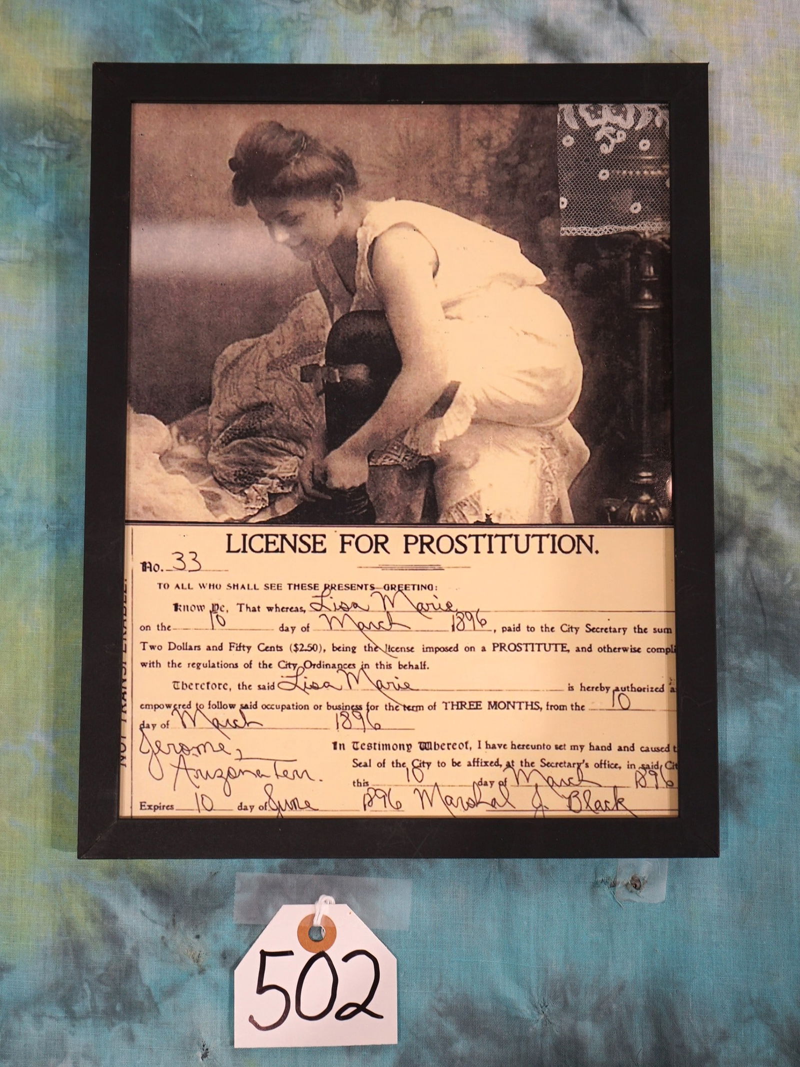Framed Copy of Old West Prostitution License (1 of 2)