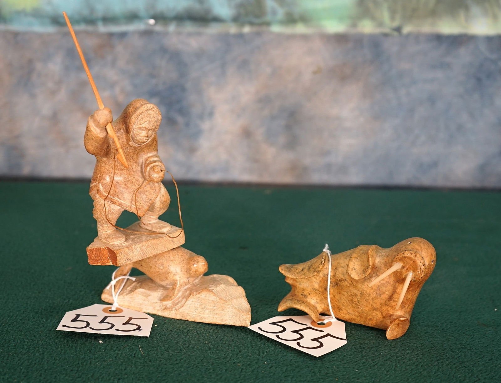 Eskimo Hunting Seal & Walrus Soapstone Carvings Decorations (1 of 2)