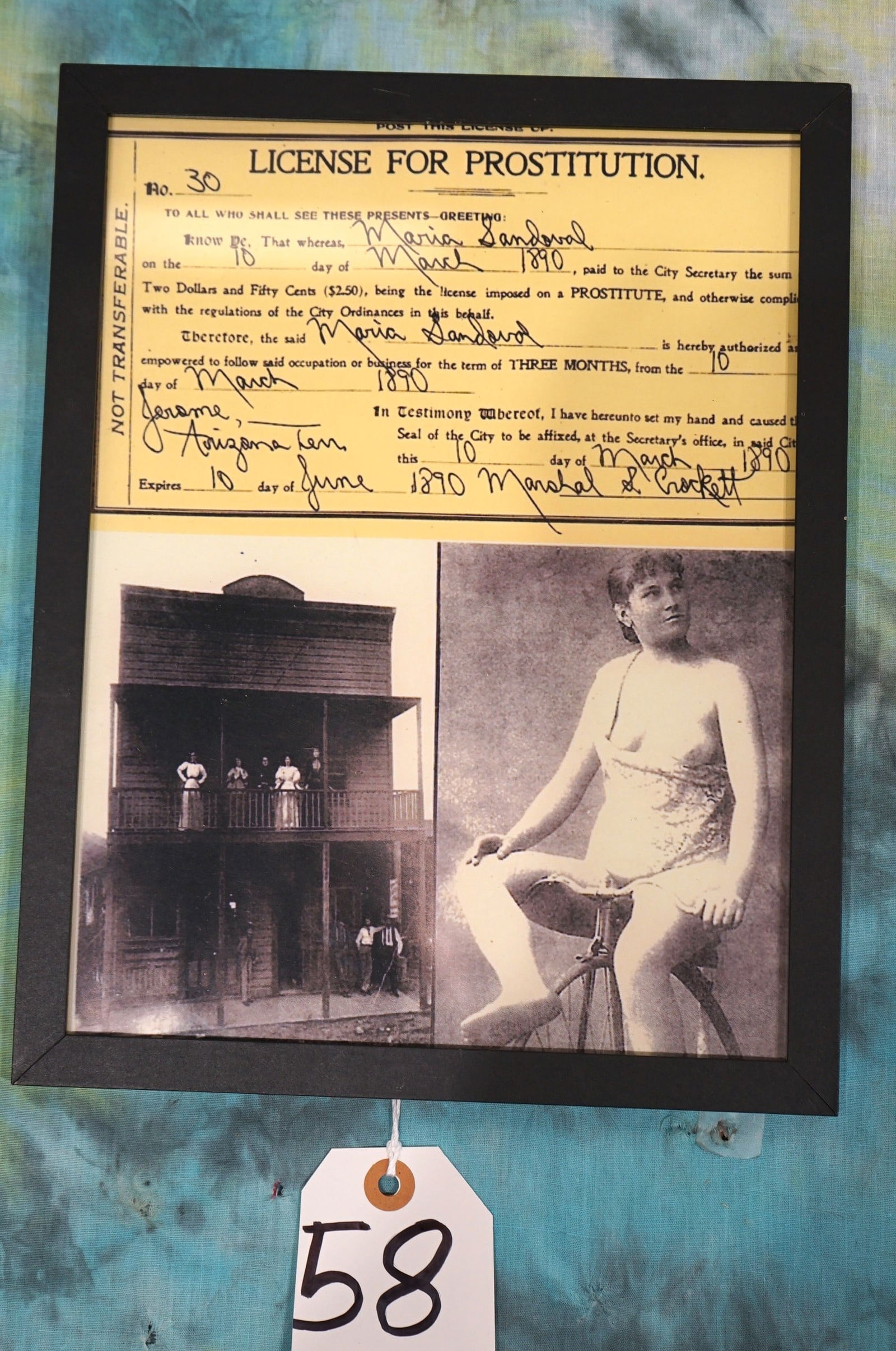 Framed Copy of a Historical Wild West Prostitution License (1 of 1)