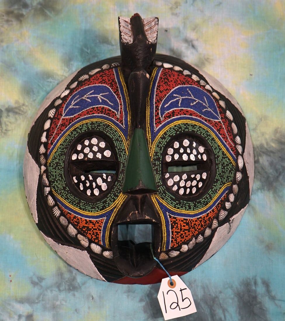 Large Round-beaded Handmade African Wood Mask (1 of 2)
