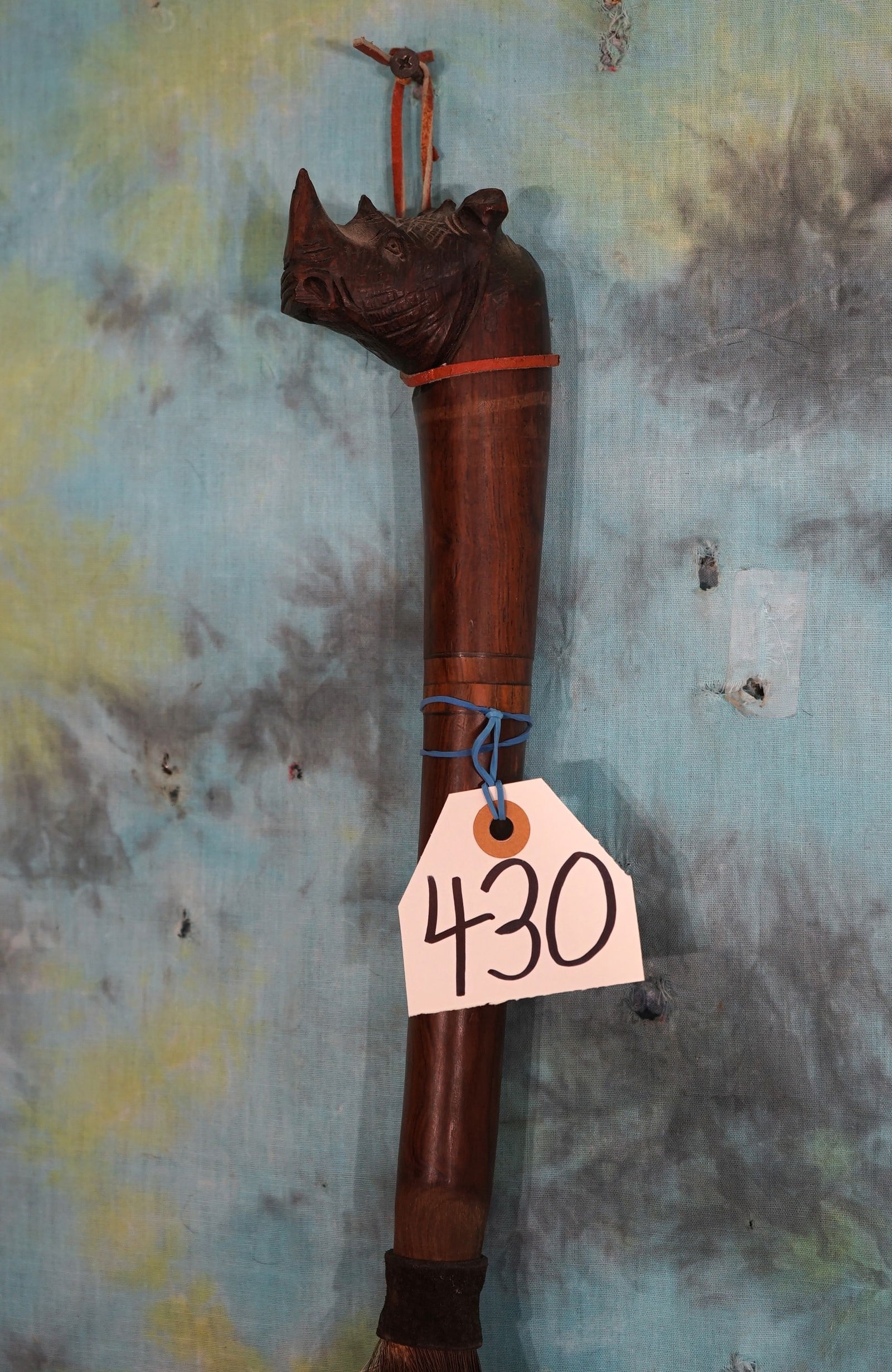 Wildebeest Tail Flyswatter with Rhino Head Wood Carved Handle (1 of 2)