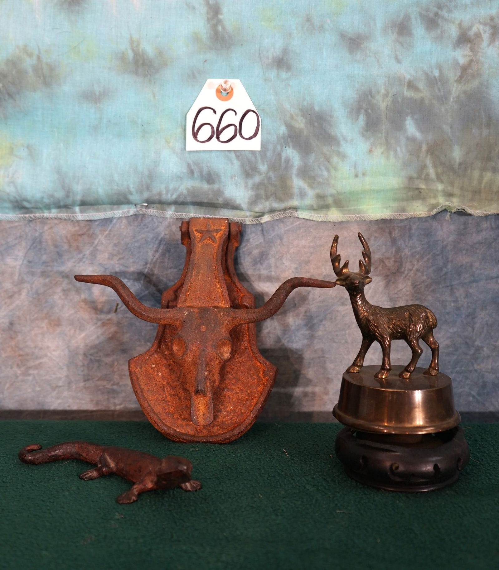Cast Iron Longhorn Door Knocker with Iron Salamander & Red Stag Music Box (1 of 2)