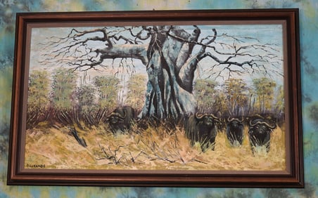 Beautiful Framed Painting of South African Landscape and a Small Herd of Cape Buffalo