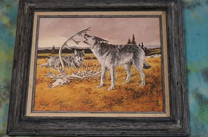 Framed Timber Wolves Painting