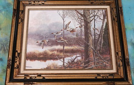 Framed Painting of Flock of Pintail Ducks Flying over Small Lake by T. Beecham
