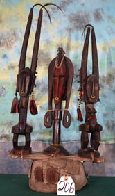 Three Wood Carved African Statues Together on a Single Base