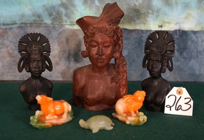 (6) Wood Carved Asian Bust and Beautiful Animal Decorations
