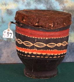 African Handmade Painted Drum with Animal Skin Cover