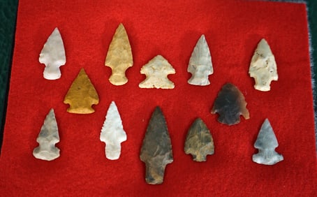 (12) Authentic  Mid-size Spear Points & Arrowheads in Display Case