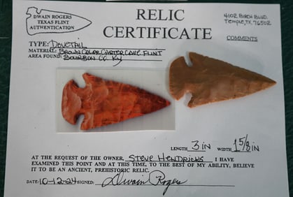 Beautiful 3" Carter Cave Chert Authentic Early Archaic Dovetail Spear Point w/ Dwain Rogers COA