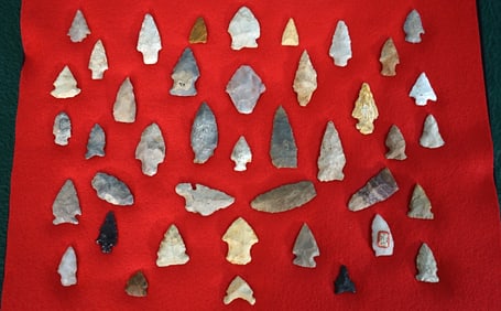 Large Display Case of 41 Authentic Arrowheads, Spear Points, and Knives from the Archaic & Woodland 