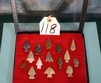 Nice Display Case of 15 Authentic High Quality Native American Bird Point Arrowheads