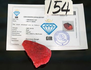 447.10Ct. Natural Rough Ruby with Gem Identification Report Card