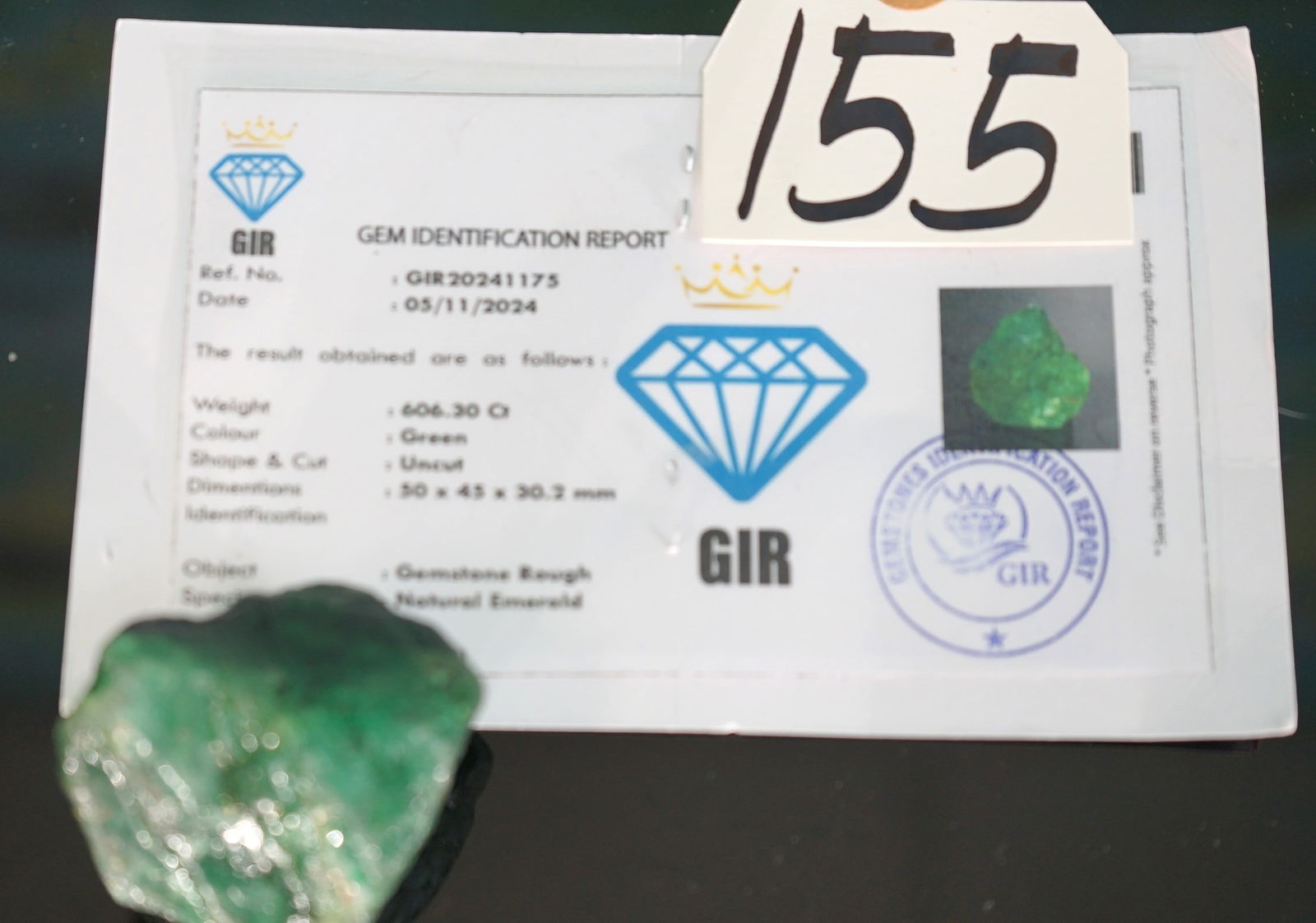 606.30Ct. Rough Natural Columbian Emerald GIR Report Card (1 of 3)